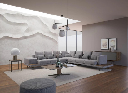 Wohnzimmer Set 3tlg Grau Ecksofa L-Form Holz Couchtisch Designer Beistelltisch
